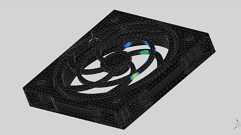 Imagen por ordenador de una pieza de máquina con puntos de tensión de fatiga compuestos coloreados.