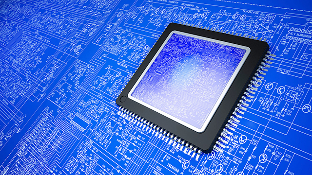 Silicon chip floating over schematic | The Calibre nmLVS platform delivers high performance layout vs. schematic verification, electrical rule checking, and advanced parameter calculation to validate circuit integrity and accuracy.