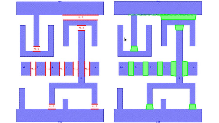 Screenshot of a section of an IC design showing multiple DRC errors between polygons marked as waived.