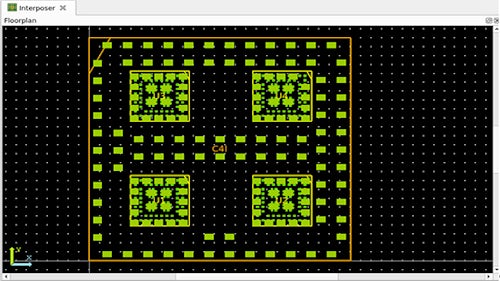Interposer floorplan view in a 3D IC heterogeneous assembly before importing the Verilog netlist