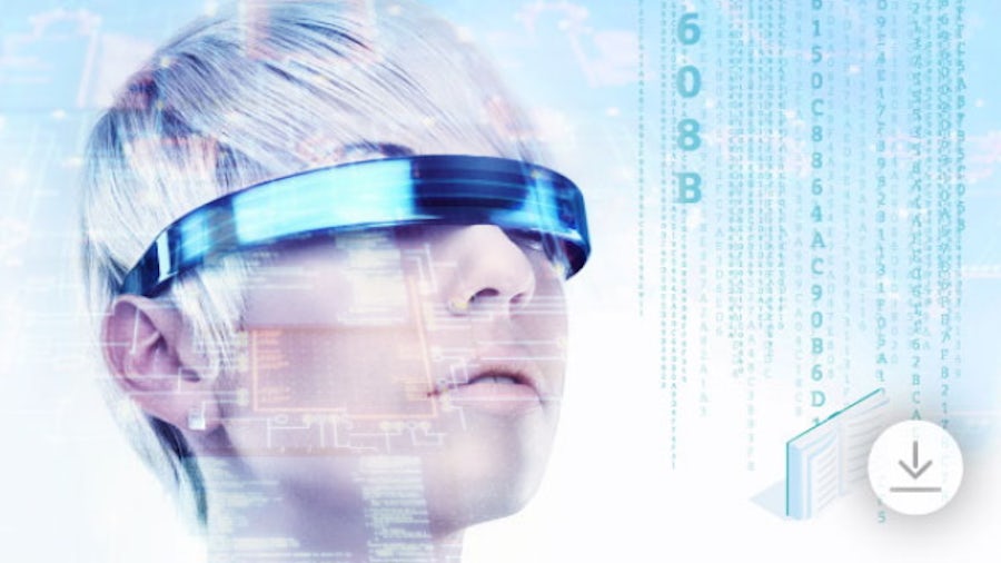VRゴーグルを装着した女性の未来像の電子ブック:  電子機器のスマート・マニュファクチャリング・ソフトウェアが必要な理由のランディングページ