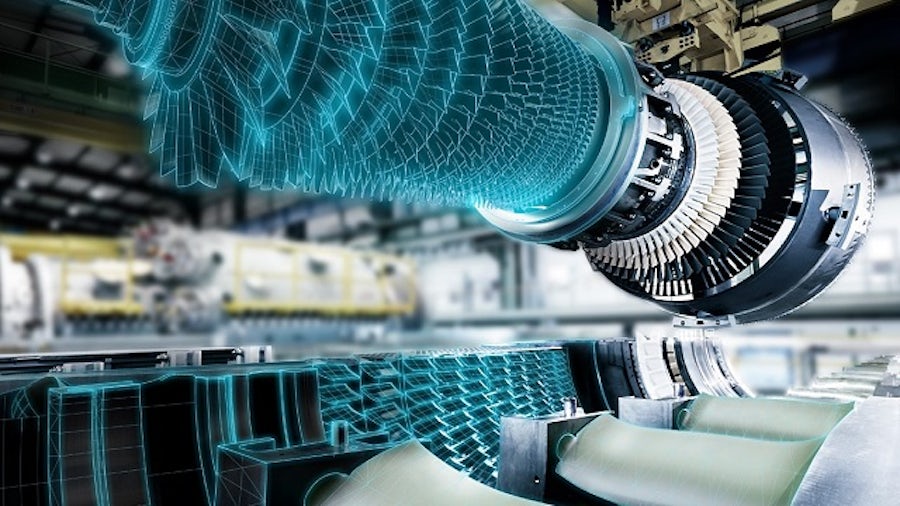 Gasturbine mit türkisfarbenem Simulation Overlay