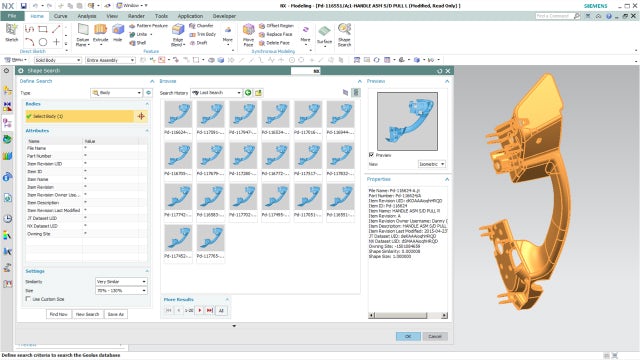 Geolus Intelligent Shape Search inside NX, showing existing parts that are available to be used in a design.
