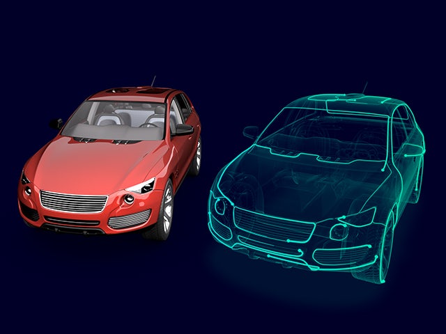 A red car 3D rendering with a blue "digital twin" outline of the car on the right side.