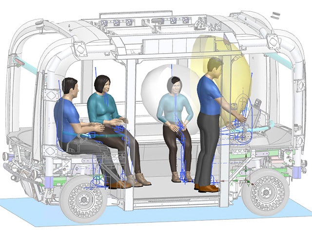 Virtual humans displayed in a 3D vehicle model to study occupant packaging using Siemens human-centered modeling software. 