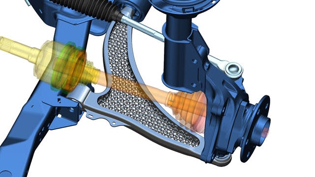 Lightweighting of automotive lower control arm component design using a lattice structure in NX.