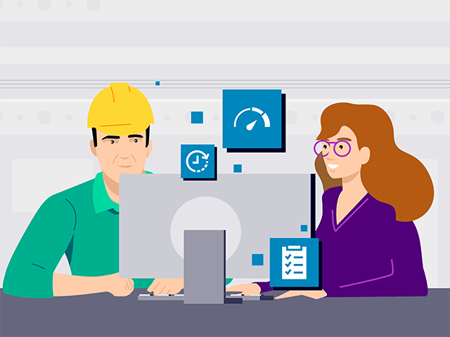 Abbildung eines Mannes und einer Frau, die detaillierte Produkt- und Serviceinformationen von einem Desktop-Computer zusammentragen. Illustration insgesamt, um anzuzeigen, welche Daten sie abrufen können.