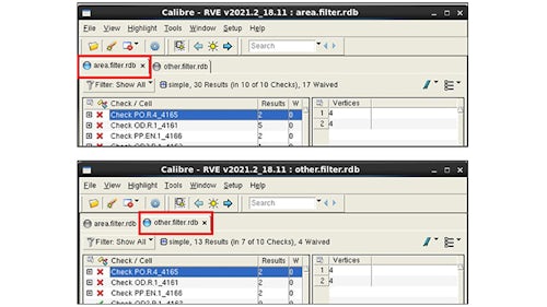 Calibre RVE batch filtering lets designers create targeted DRC results databases more quickly so they can debug critical errors faster | screenshot of 2 filtered results databases created with batch filter process 