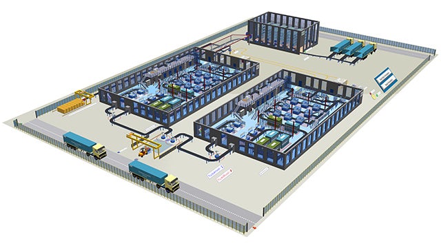 Modello di simulazione di un impianto 3D dettagliato con camion delle consegne, aree di scarico del materiale, due aree di produzione e un magazzino ad alta scaffalatura nel software Plant Simulation Professional.
