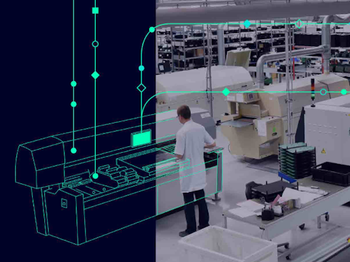 Electronics manufacturing engineer on the shop floor with a superimposed digital twin to represent intelligent intralogistics
