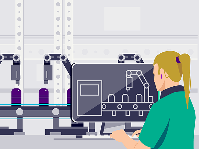 Ilustracja przedstawiająca osobę w zielonej koszuli patrzącą na ekran komputera w hali produkcyjnej. 
Ilustracja na ekranie komputera przedstawia rozwiązanie Teamcenter zintegrowane z rozwiązaniami do wirtualizacji produkcji firmy Siemens.