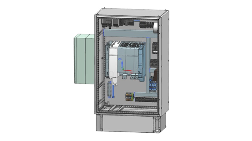 Obrázek návrhu skříně ve 3D vytvořený pomocí softwaru pro průmyslový elektrický návrh v řešení NX.