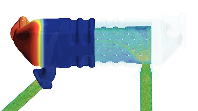 EGR cooler CHT analysis with 48M polyhedral cells. The temperature profile on the metal surface and the velocity profile of the coolant at a section inside the cooler.