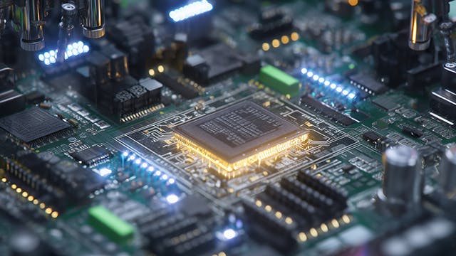 a sophisticated power inverter circuit board with glowing components