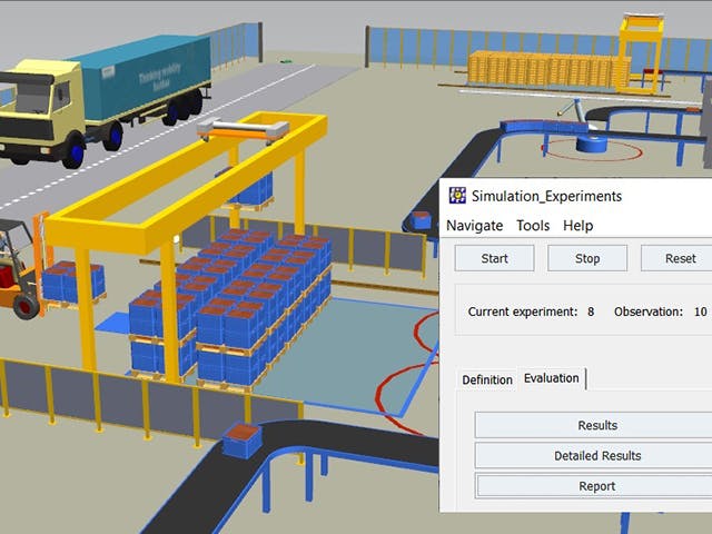 Dialog „Simulationsexperimente“ im 3D-Fabriksimulationsmodell der Plant Simulation Runtime-Software.