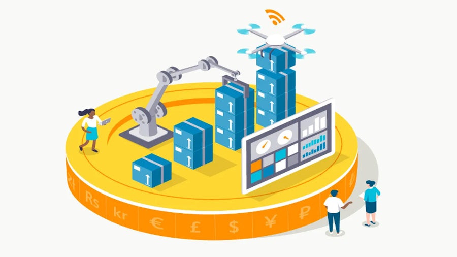 Illustration of a futuristic logistics system featuring a robotic arm handling boxes, a drone hovering above stacked packages, and a digital screen displaying data analytics, all set on a coin-shaped platform with global currency symbols.
