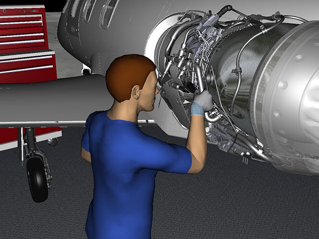 Virtual human performing maintenance tasks on a 3D airplane model in Process Simulate Human software.