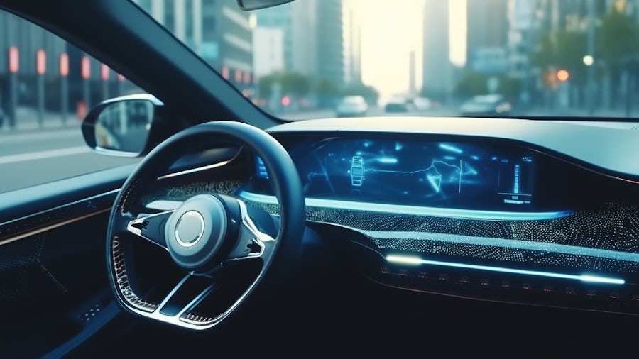 The cockpit of a software-defined vehicle with a fully digital dash display. 