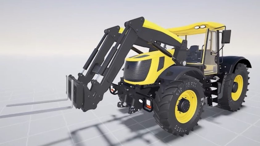 An immersive rendering of a yellow tractor with forklift arms attached in the NX CAD Immersive Explorer space.