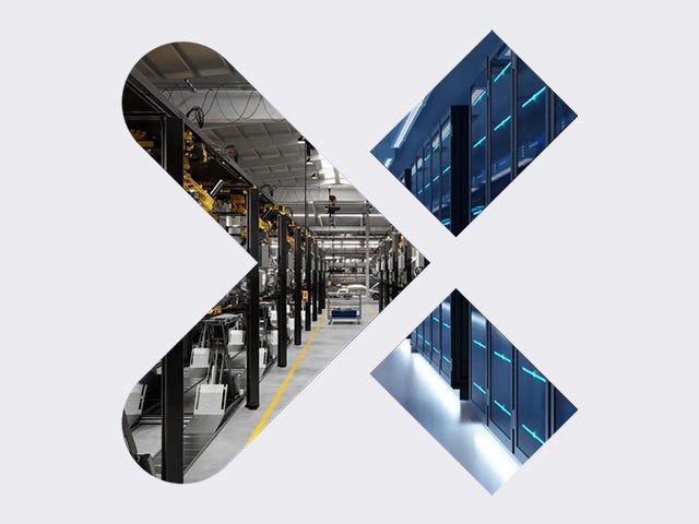 Icon of the Siemens "X" logo. Inside the Siemens Xcelerator X logo is an image of a server room on the right side and an image of an industrial factory on the left side of the X logo.