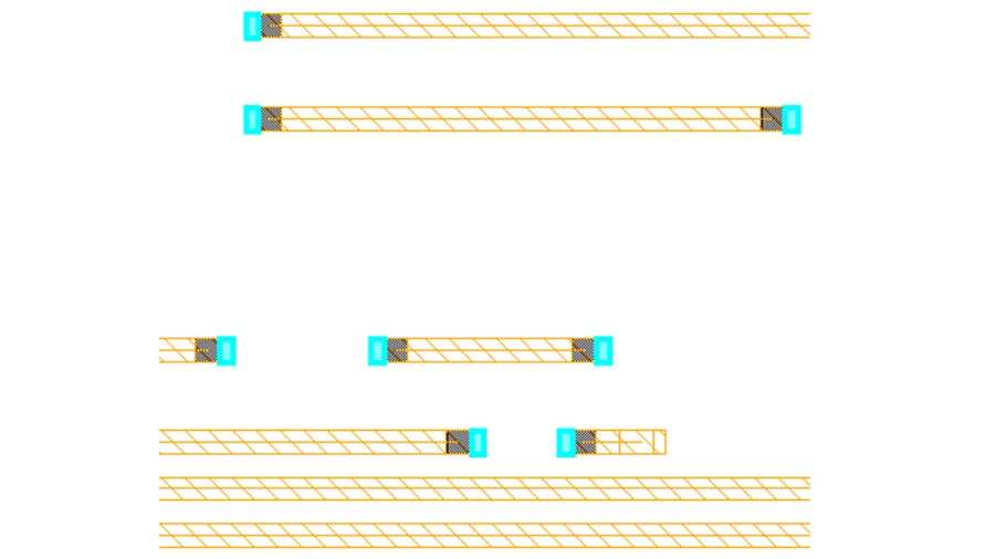 Screenshot showing multiple automated line-end extensions created in an IC design layout.