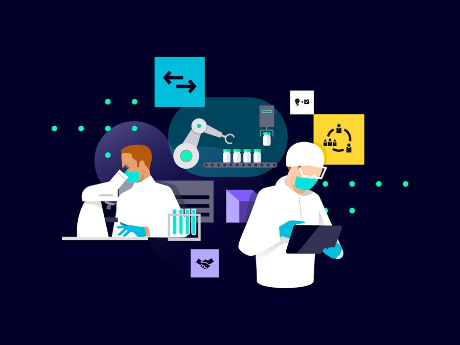 Two scientists in lab coats and masks collaborating on a tablet device.