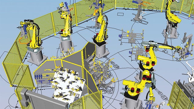 Automotive equipment manufacturer TMS performs design and validation of the production lines in the virtual world of computer simulations using Process Designer and Process Simulate.