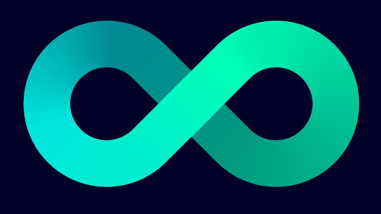 Logo Infinity na tmavém pozadí pro použití na události 2023 Realize LIVE.