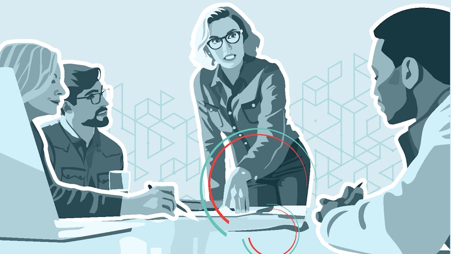 Una imagen de ingenieros trabajando alrededor de una mesa mirando el dibujo de un nuevo diseño.