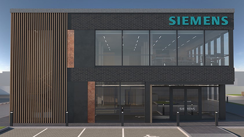 An HD 3D rendering from NX CAD of a modern office building that has the SIEMENS logo on it, with a parking lot.