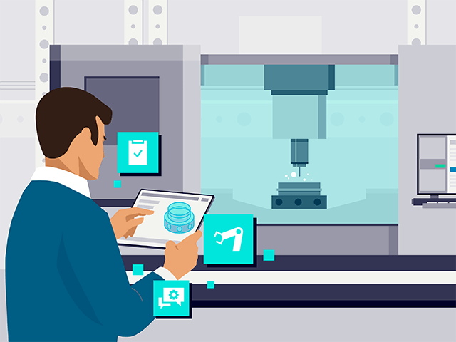Ilustracja przedstawiająca pracownika oglądającego wirtualny zakład obróbki na tablecie. Pracownik stoi przed produkcyjną linią montażową.
