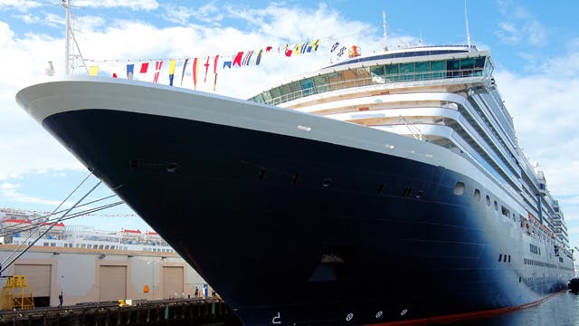 A large cruise ship in a marina.