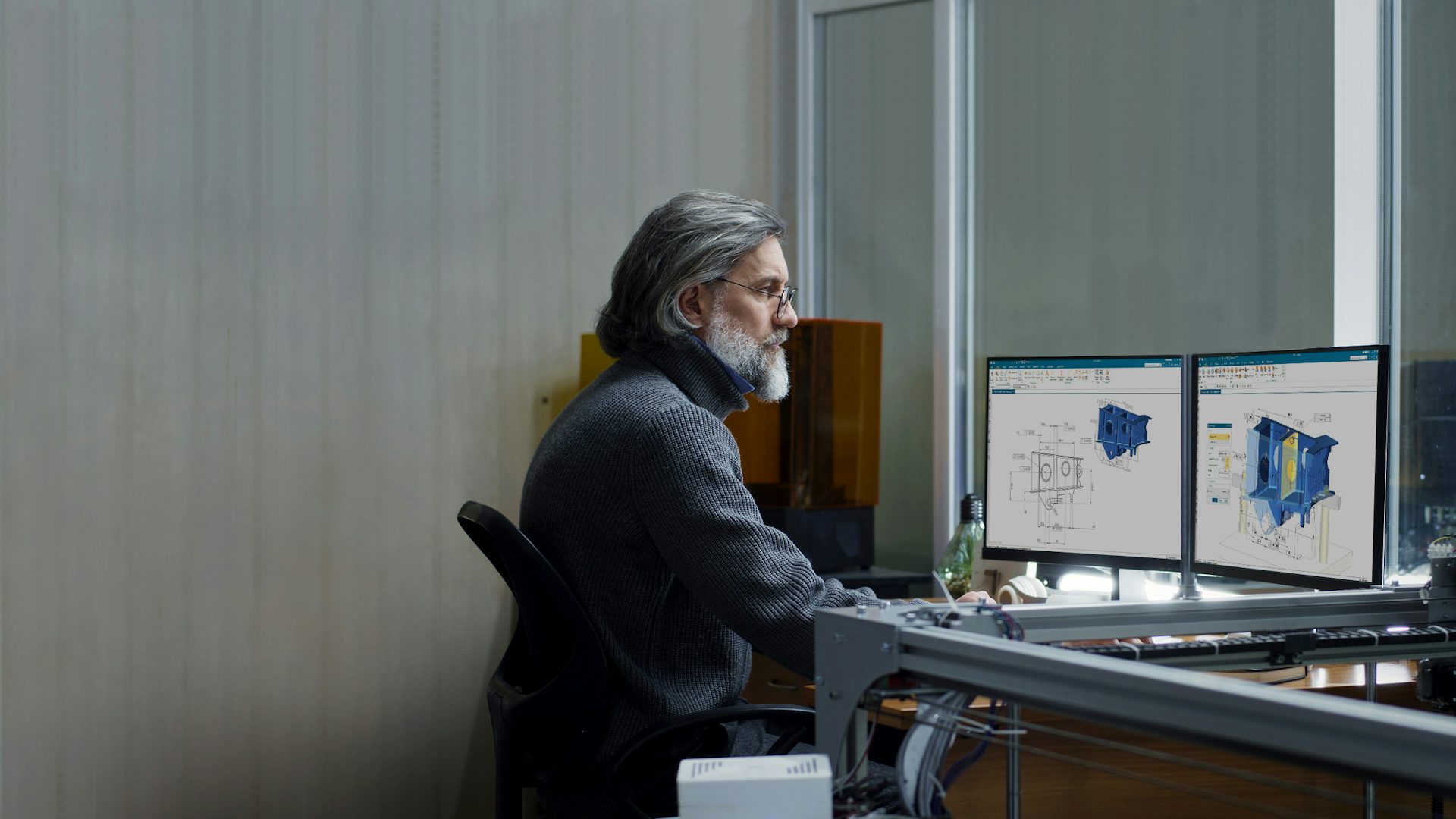 A designer at a computer workstation creating a rendering with NX CAD tools.