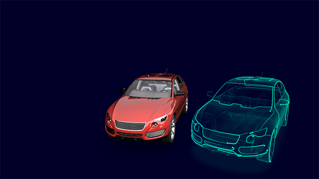 A Siemens Digital Twin rendering showing a red physical car on the left and a transparent digital model of the same car on the right, set against a dark blue background.