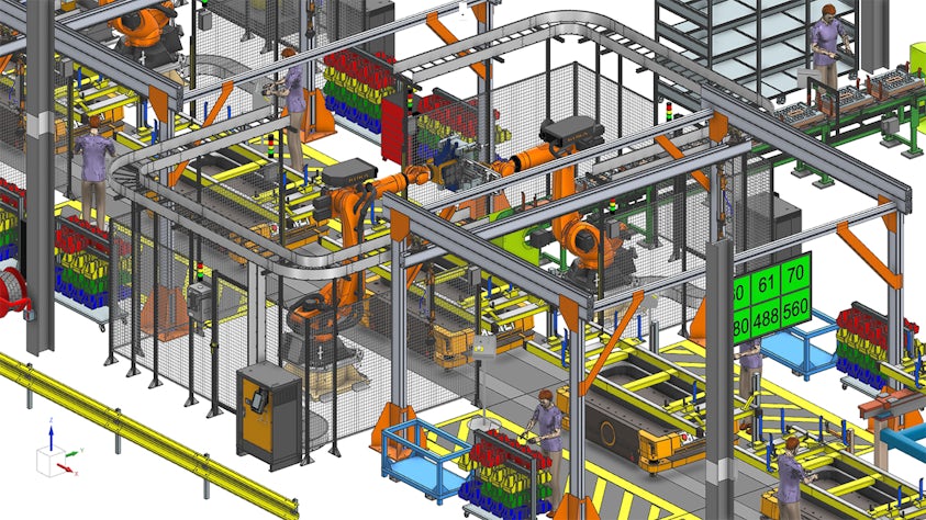 3D digital layout of an automated manufacturing facility featuring robotic arms, conveyor systems, safety fencing, digital display screens and workers interacting with equipment.