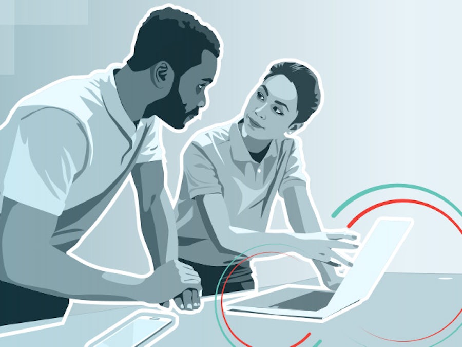 Man and woman by laptop computer with cloud imagery symbolizing innovation and efficiency in product lifecycle management.