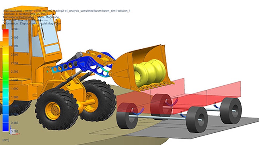 Počítačový snímek buldozeru, který nakládá náklad na kolový vozík