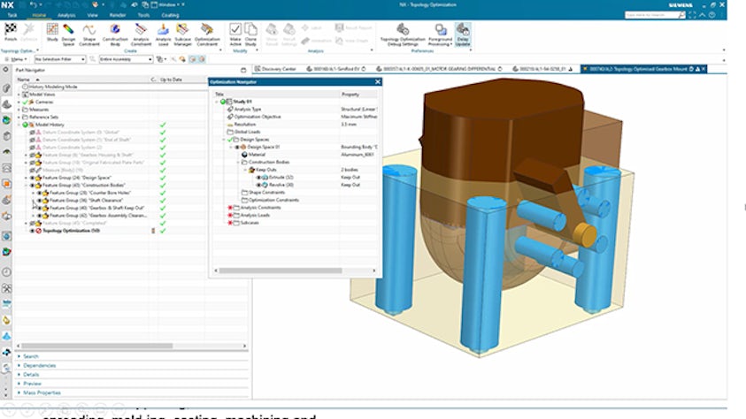 A gearbox mount in NX CAD with a NX Topology Optimizer window open