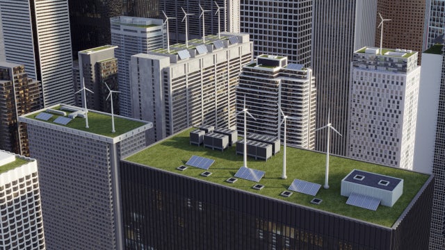 Infographics of buildings with green and turbines representing the sustainable environment.
