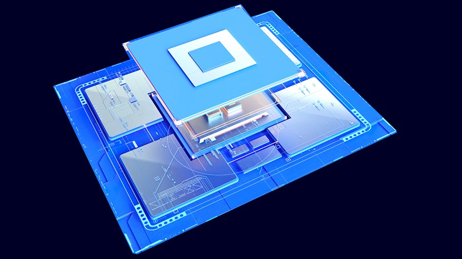 3D technical illustration of a computer chip architecture with multiple transparent layers showing circuit patterns and components on a blue substrate against a dark background