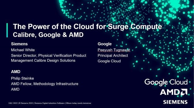 Title slide of webinar that reads "The Power of the Cloud for Surge Compute: Calibre, Google & AMD."