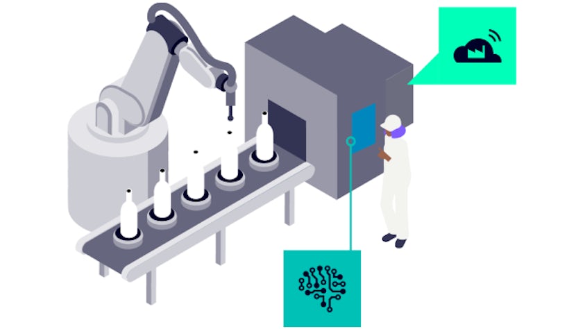 Illustration einer Produktionslinie. Ein Roboterarm klebt Verschlüsse auf Flaschen.