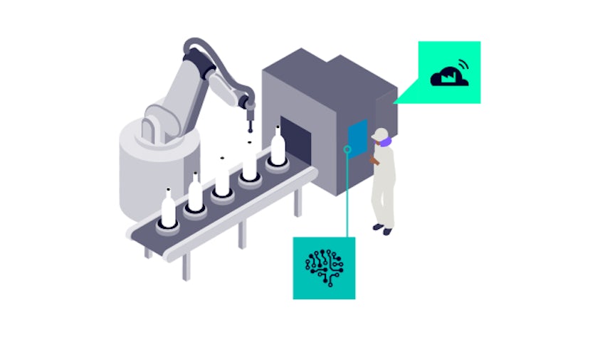 Illustration of a production line. Robot arm is putting caps on bottles.