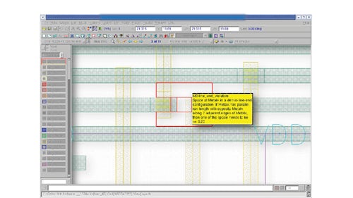 Custom IC design environment displaying Calibre RealTime Custom in-design signoff DRC results in the design window  