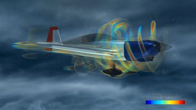 A simulation showing a plane’s vorticity magnitude 