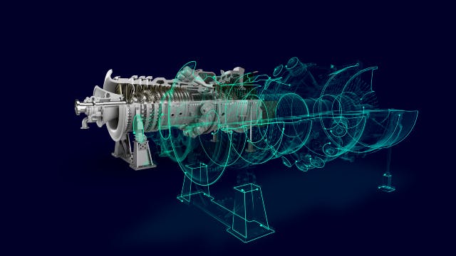 Image of a turbine and a graphical overlay illustrating the simulation capabilities of turbomachinery engineering.