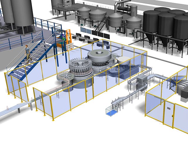 3D-Simulationsmodell für die Flaschenabfüllung, das mit der Plant Simulation-Software erstellt wurde.