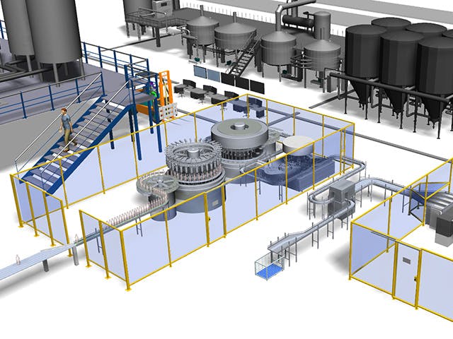 Modèle de simulation 3D de remplissage de bouteilles créé à l'aide du logiciel Plant Simulation.