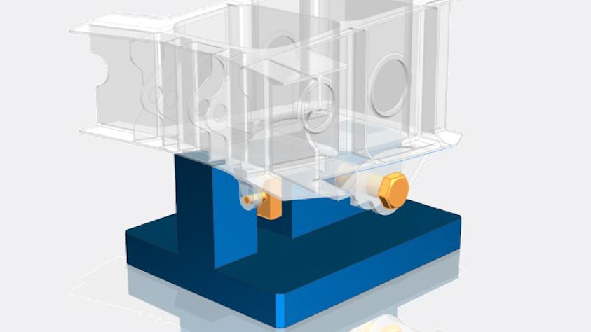 Imagen generada por ordenador con NX CAD que muestra una parte transparente de un larguero del ala unida a una plantilla azul y un perno naranja que los conecta.