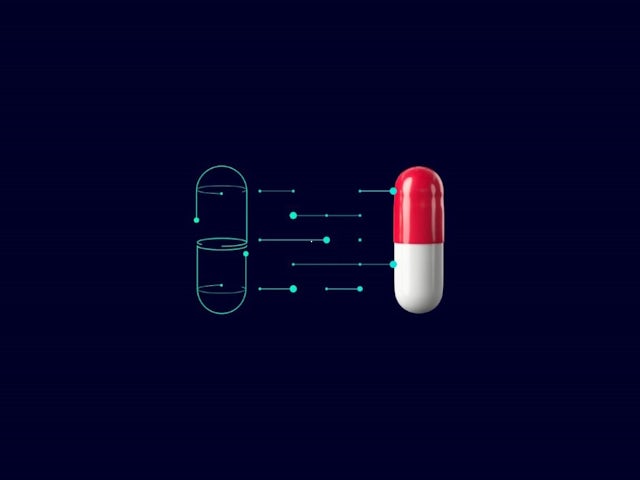 A pill capsule and a digital wireframe of the same pill